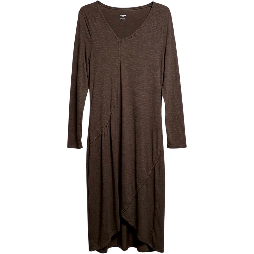 Horny Toad med Dress Brown V-Neck Long Sleeve Asymmetrical Midi Cotton Blend